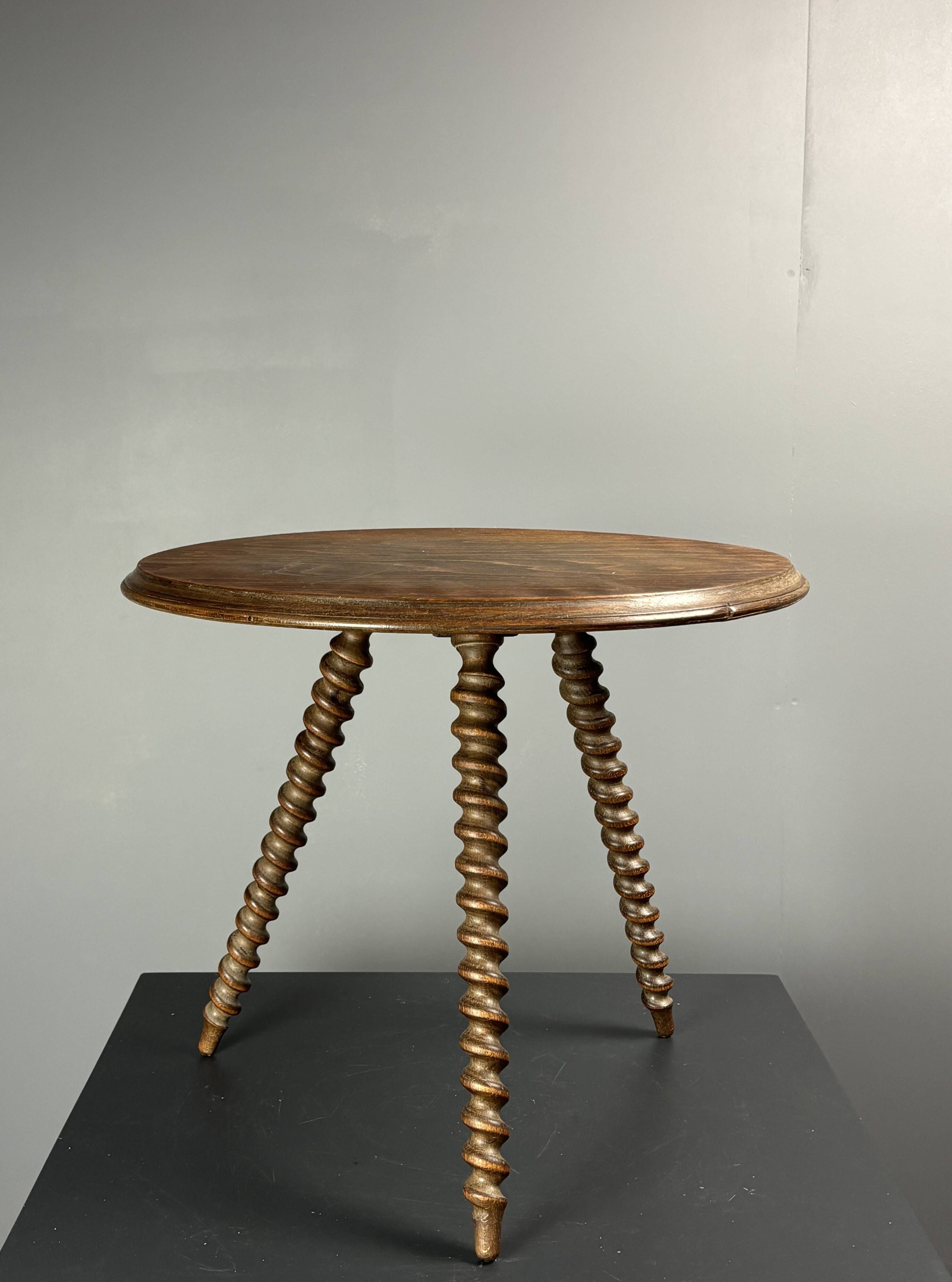 Midcentury wood turned barley twist side table with cork screw legs 1950s