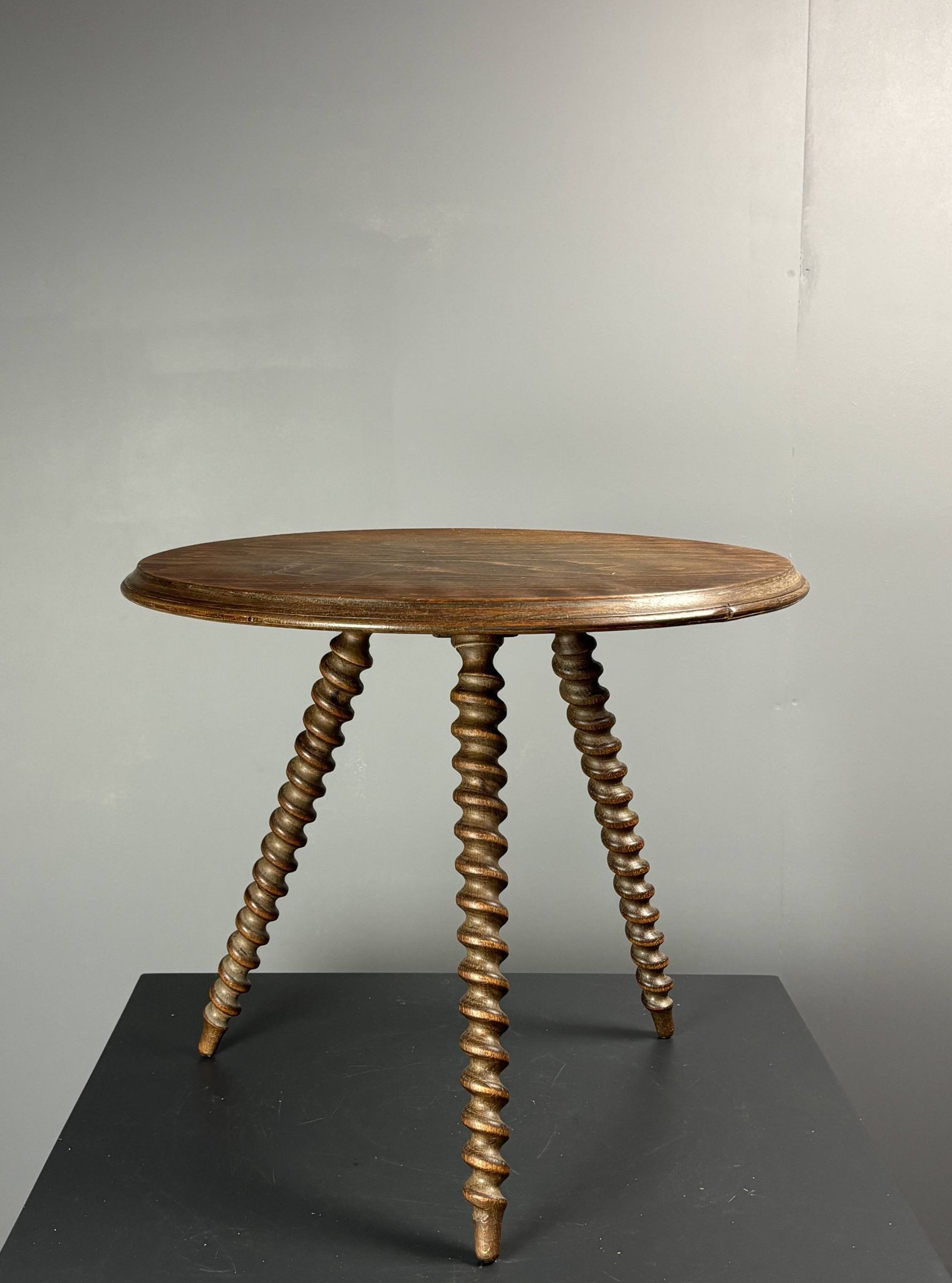 Midcentury wood turned barley twist side table with cork screw legs 1950s