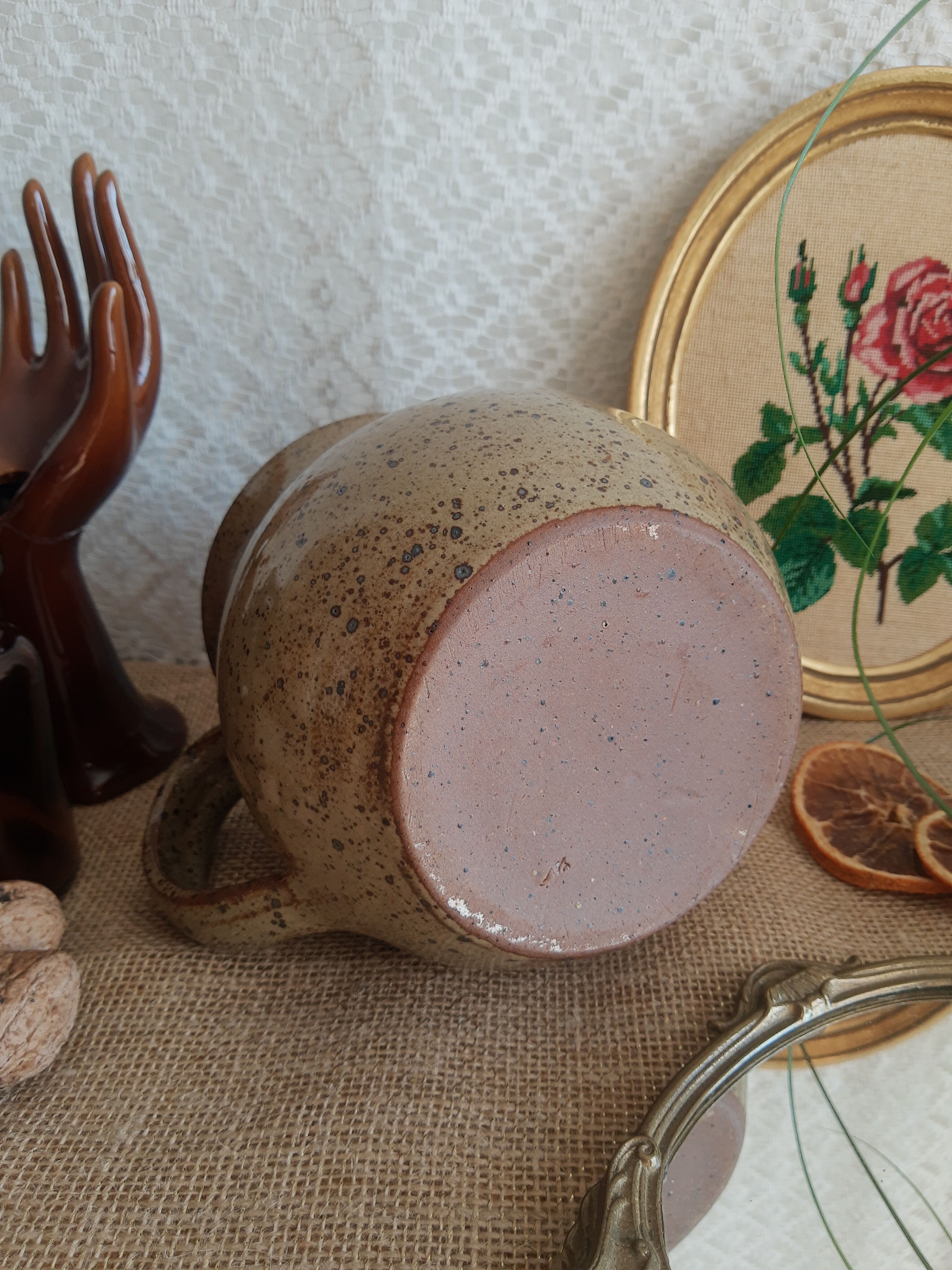 Enamelled stoneware decanter / pitcher with ice cube reserve - vintage