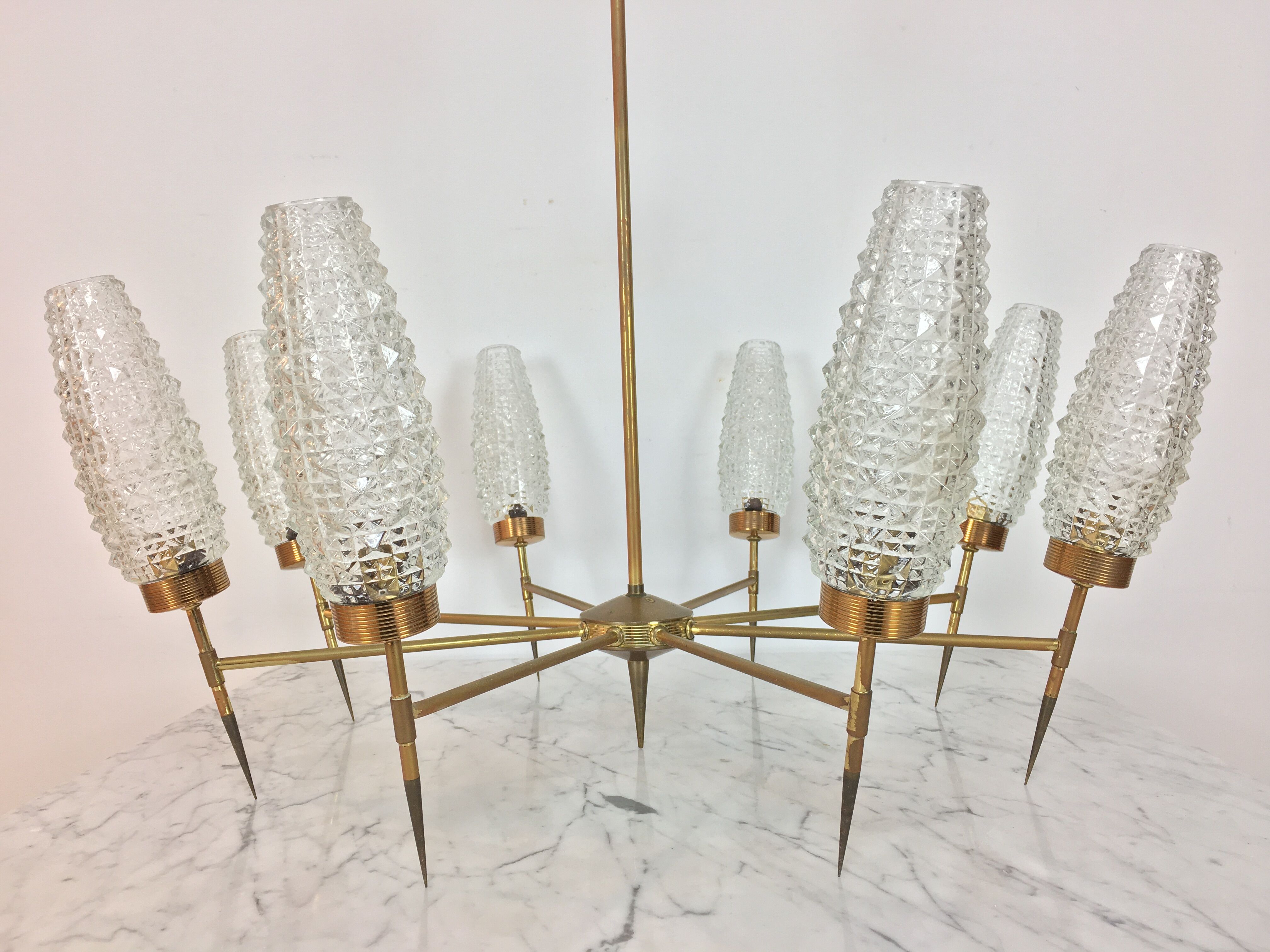 50s chandelier, 8 fires, brass and ice glass tulips