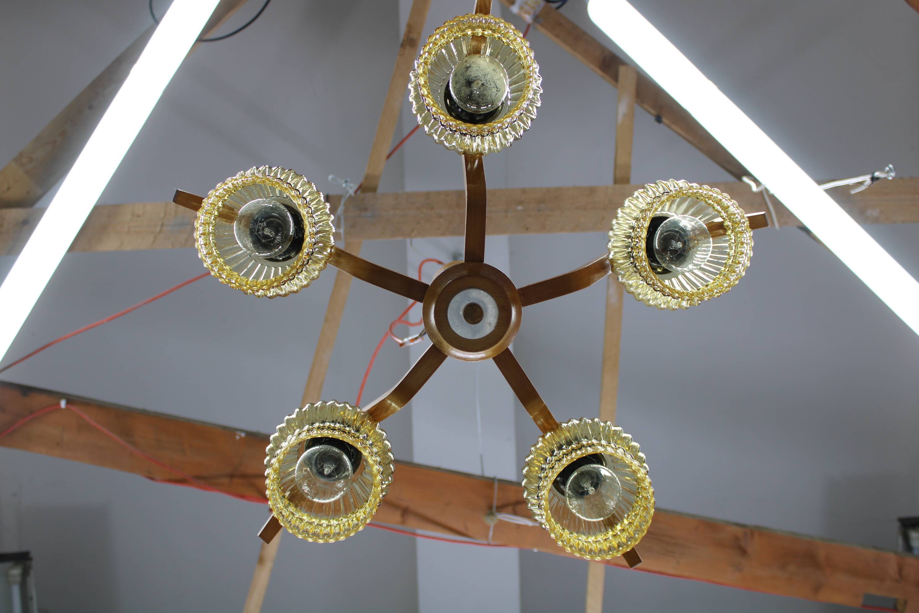 Mid Century Czech Wood Glass Chandelier, 1970s Restored