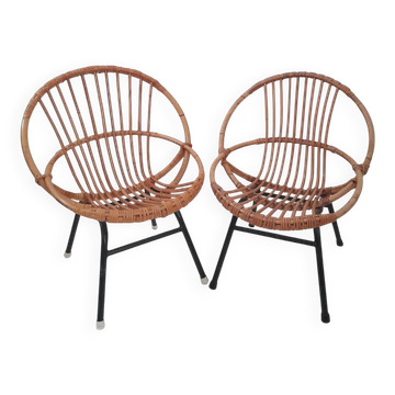 Set of 2 rattan children's chairs, 1960s
