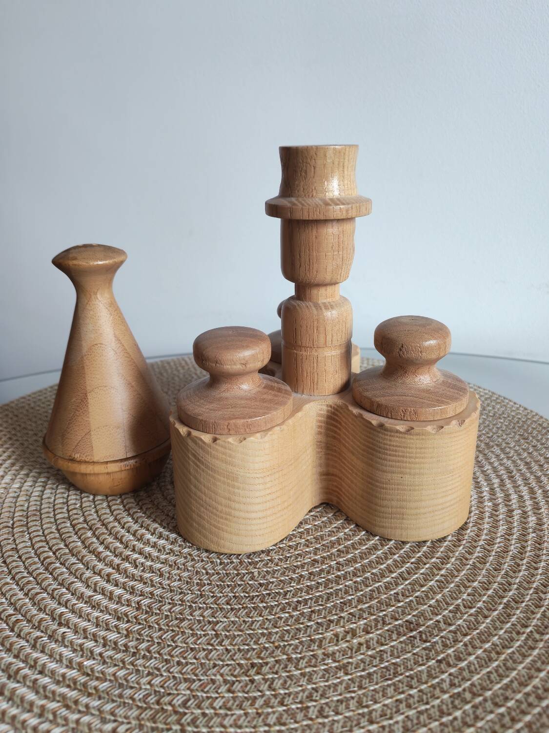 Set of wooden condiment pots