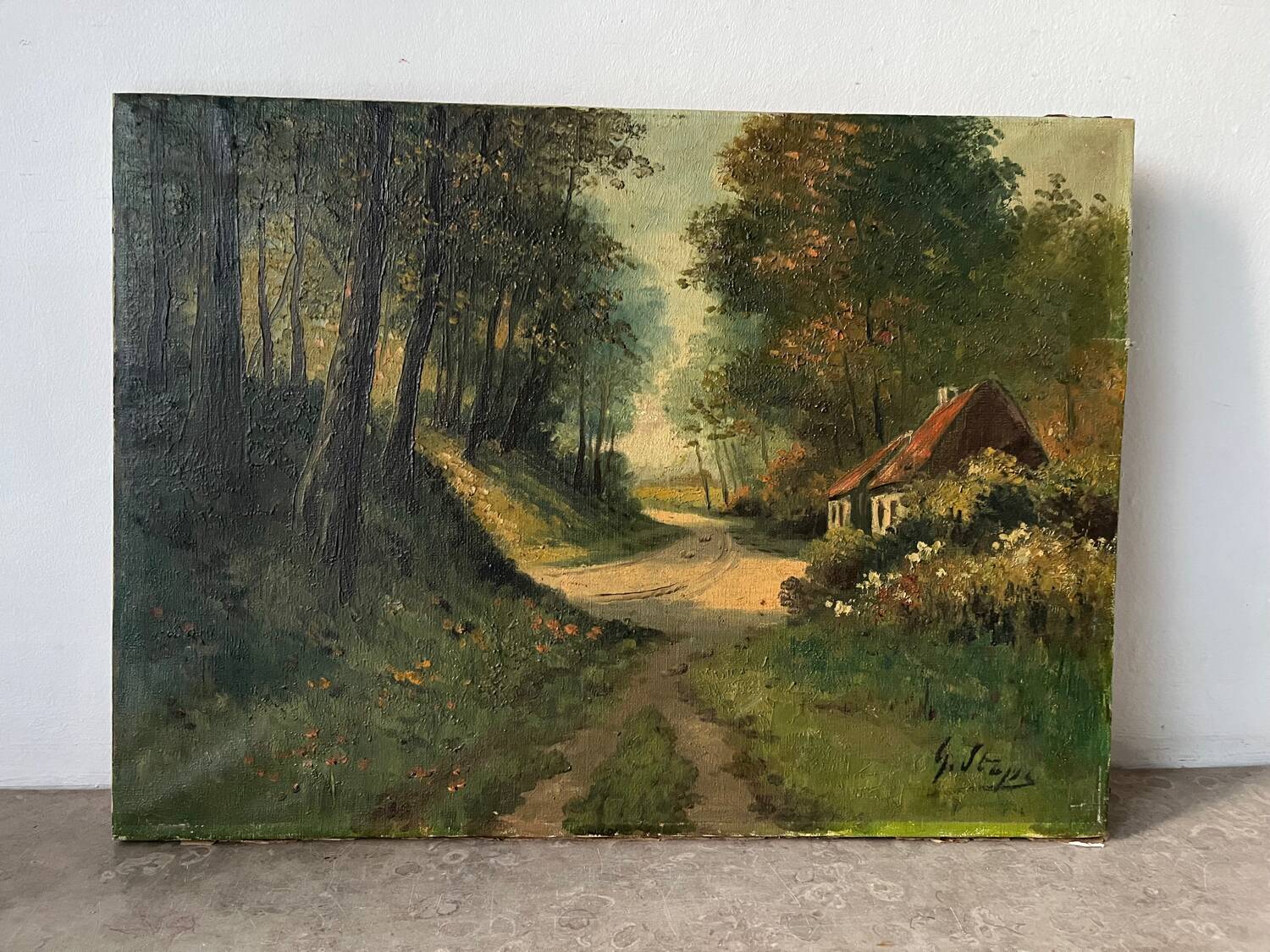Cottage in the woods, oil on canvas signed