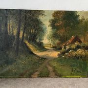 Cottage in the woods, oil on canvas signed