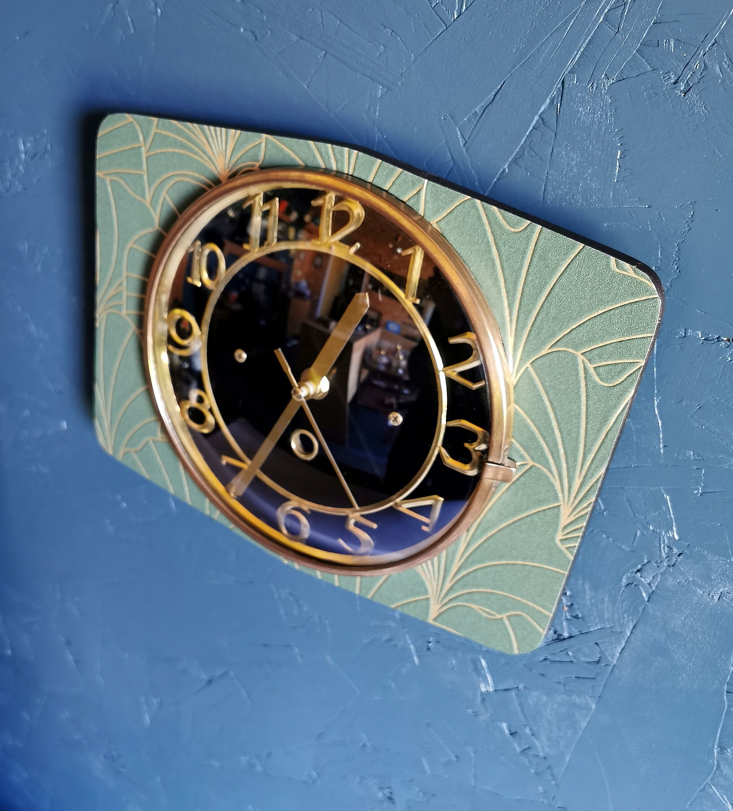 Rectangular silent vintage wall pendulum pendulum clock "golden green black"