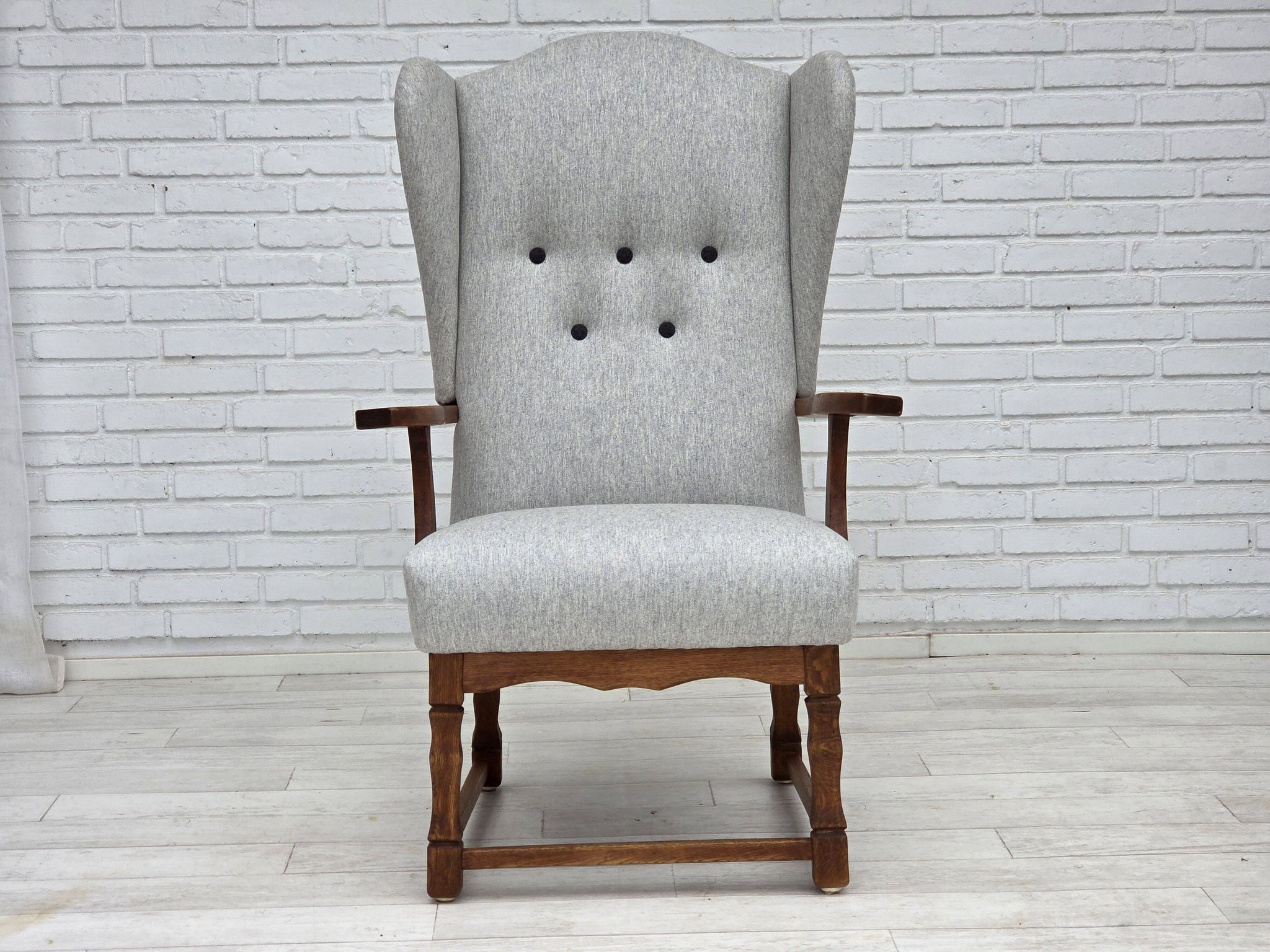 1950s, Danish high-backed armchair, reupholstered, wool, oak wood.