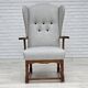 1950s, Danish high-backed armchair, reupholstered, wool, oak wood.