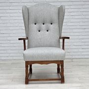 1950s, Danish high-backed armchair, reupholstered, wool, oak wood.