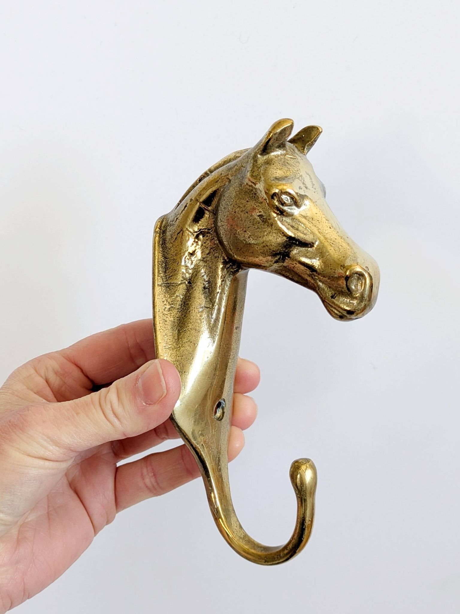 Set of 3 brass wall hooks horse head vintage coat hangers