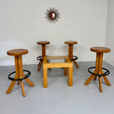 Set of 4 solid elm wood bar stools, vintage 70s design