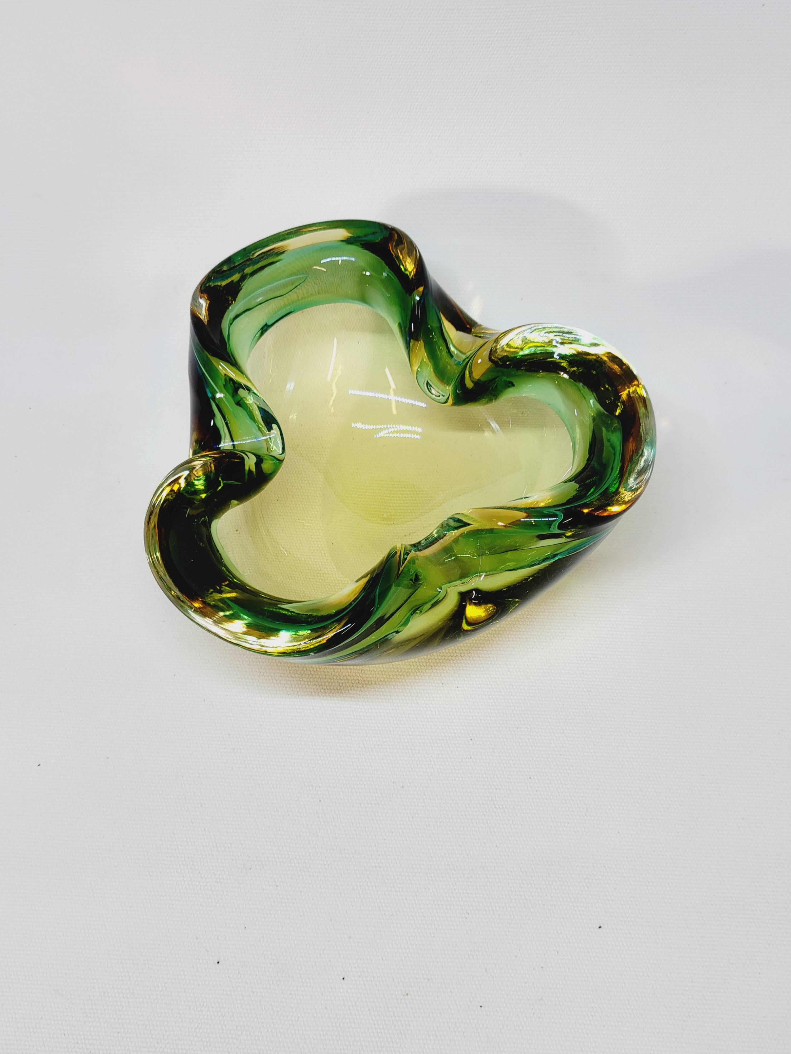 Empty Pocket Cup Ashtray Vintage Murano Glass Sommerso Green and Yellow