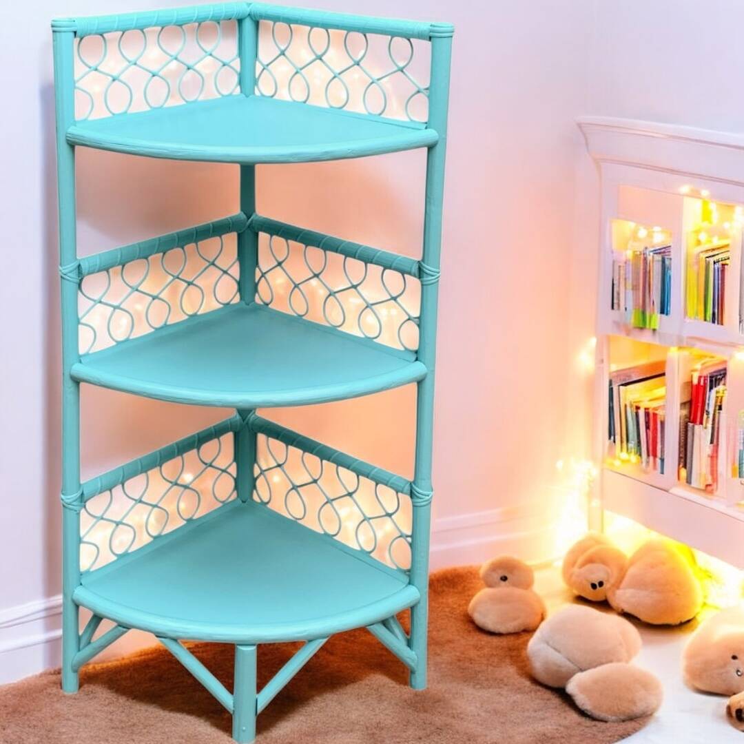 Vintage turquoise rattan corner shelf 1960