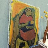 Peinture à l’huile figurative vintage non encadrée moderne du milieu du siècle « Affection »