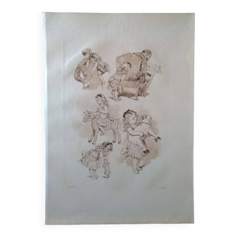 une planche en héliogravure  enfant de Dujardin illustrateur Adrien Marie  1883 (lire description )