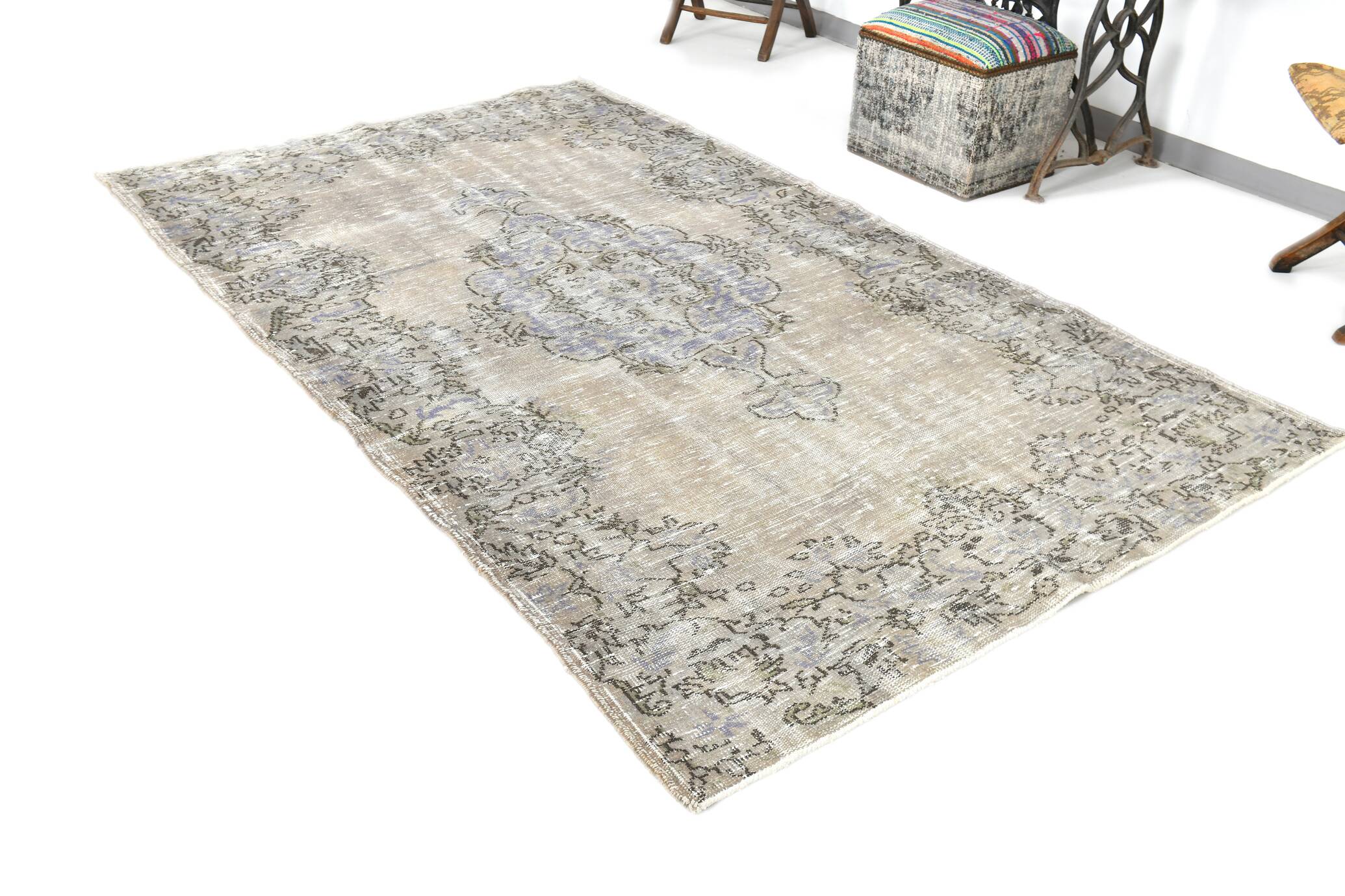 5x9 Rug For Living Room Gray Blue Handmade Wool Antique Turkish Rug, 156x264Cm