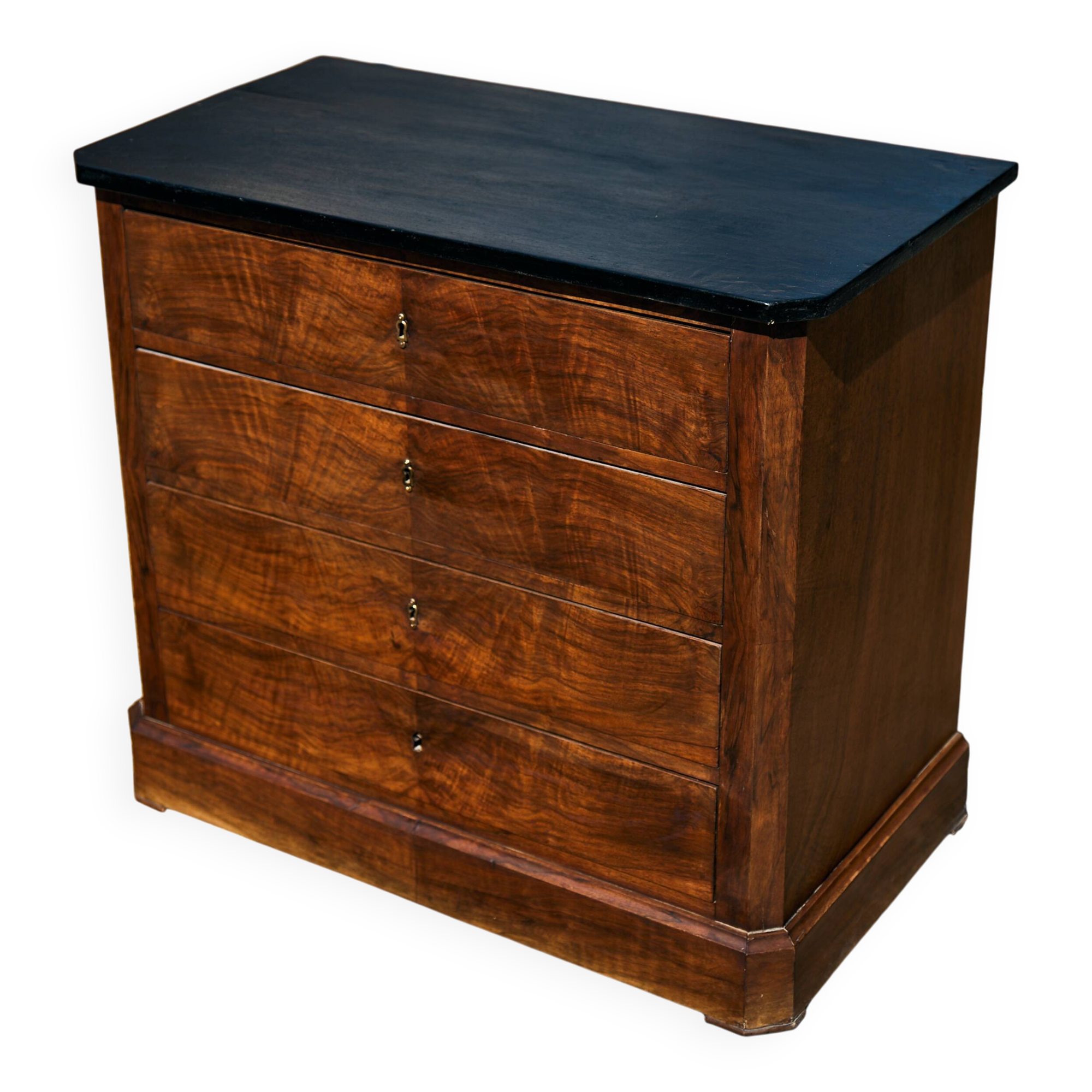 Small Louis-Philippe chest of drawers with four drawers, black top.