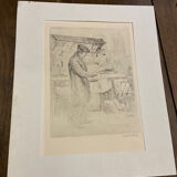 Etching, drawing, engraving, the bookseller, Henri le Riche, notre dame