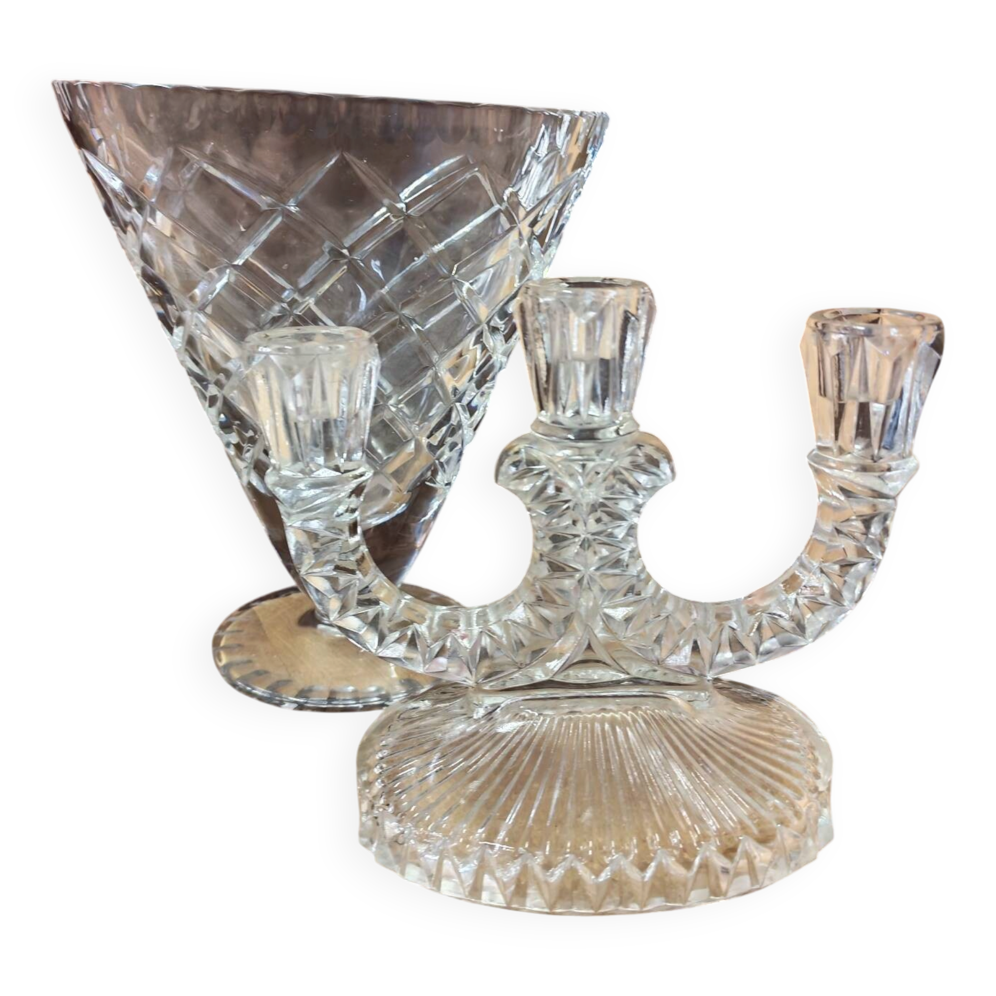 Candelabrum and fan vase in glass and crystal Art Deco style