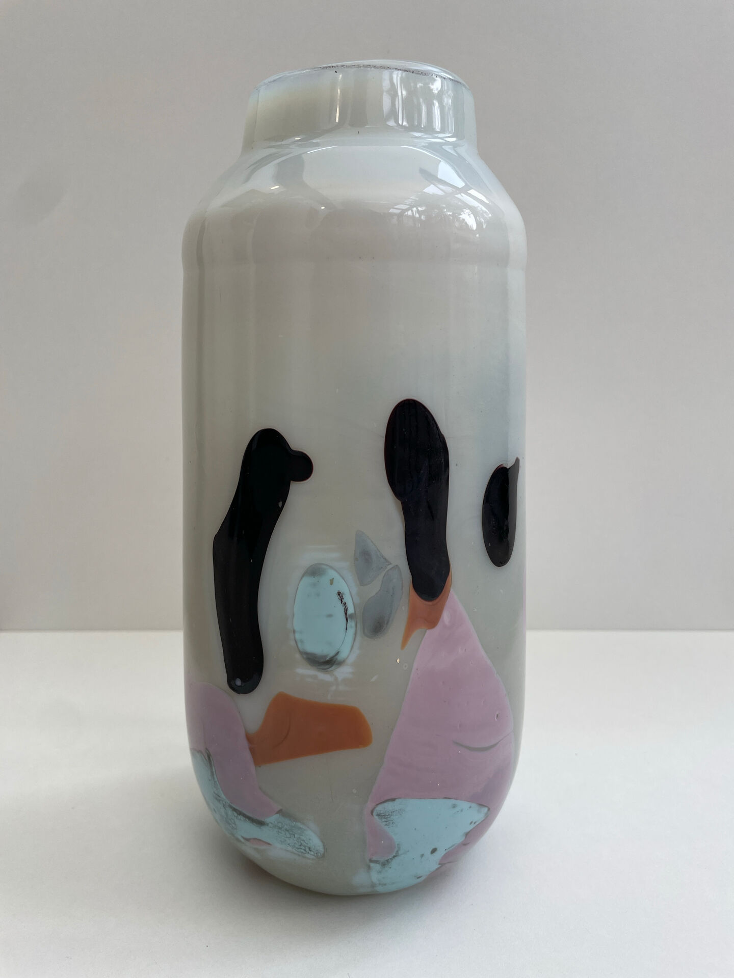 Blown opaline glass vase with coloured inclusions