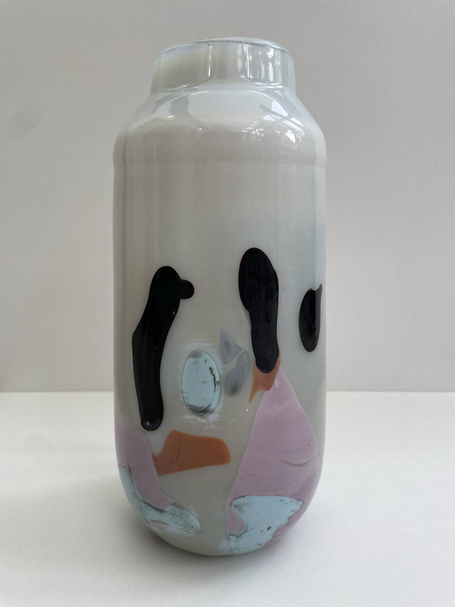 Blown opaline glass vase with coloured inclusions