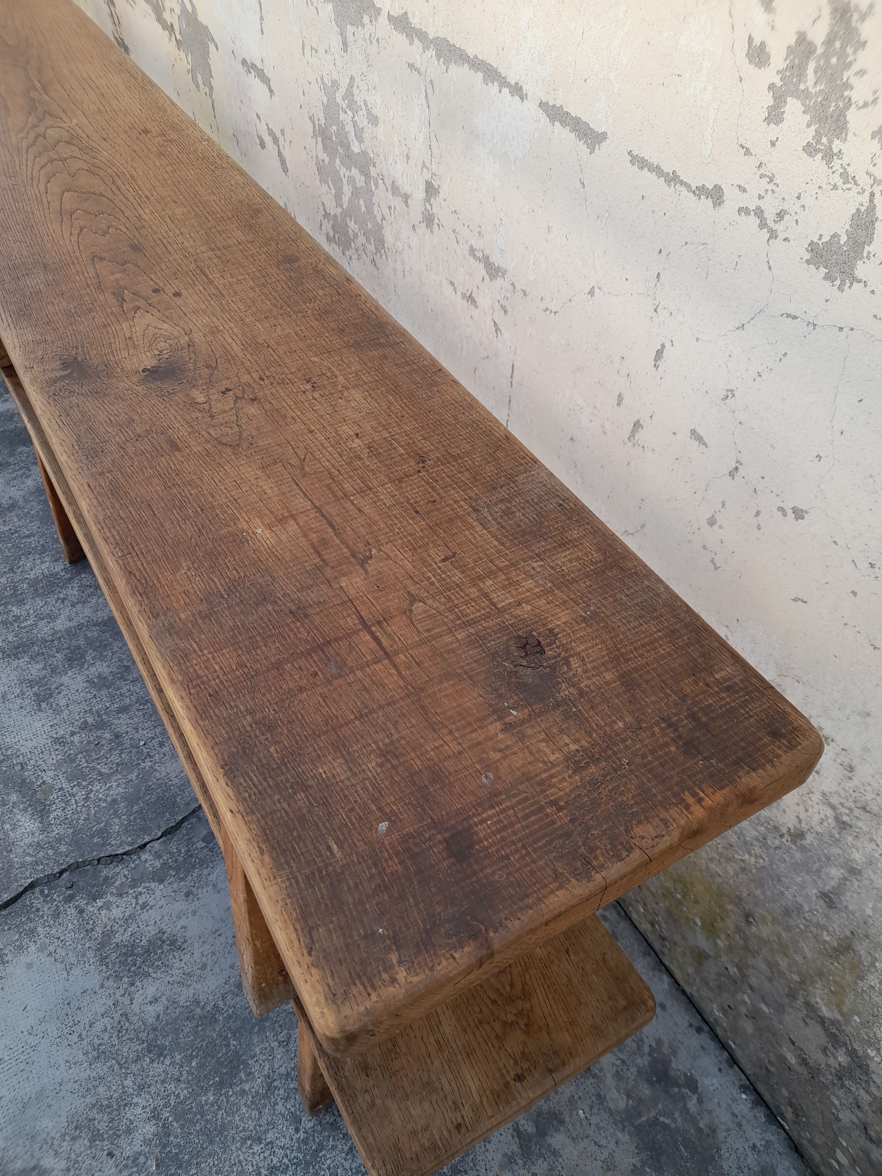 Pair of oak old farm benches 2m71