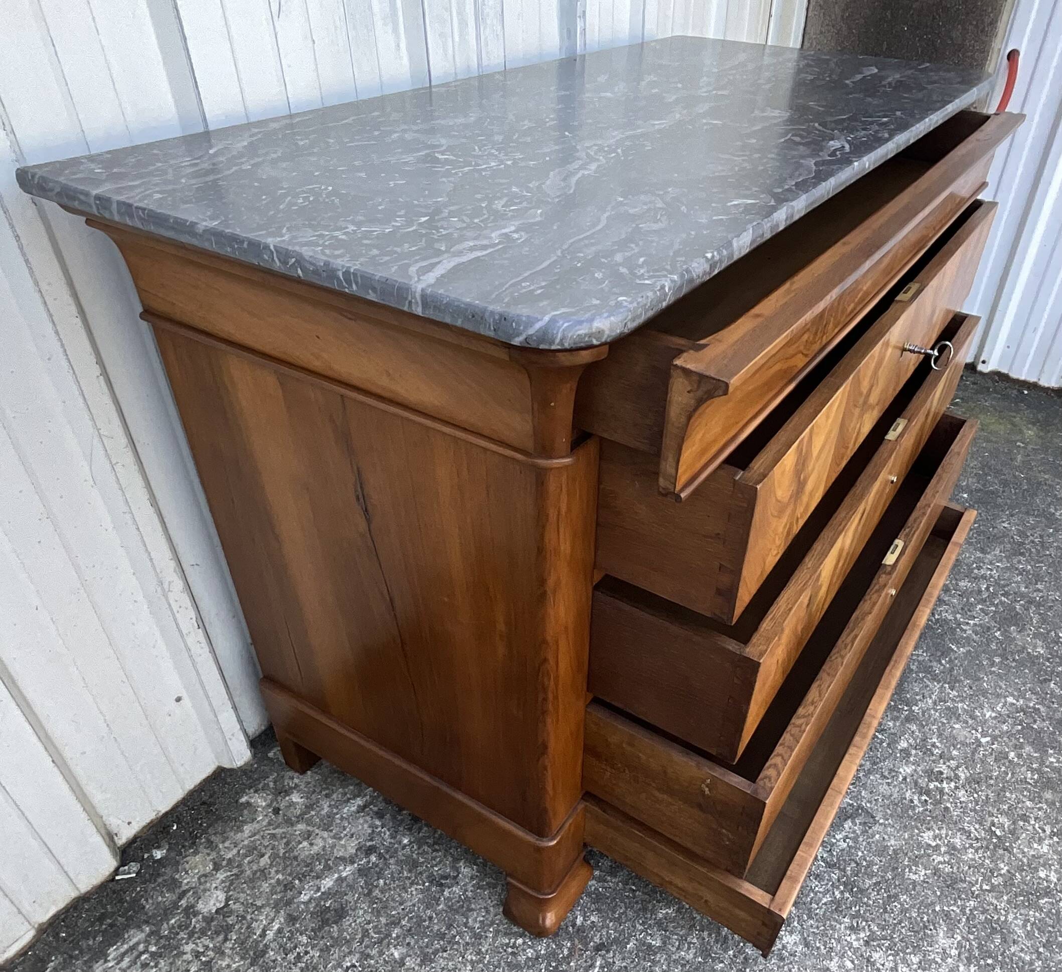 Louis-Philippe commode in burr walnut, Saint-Anne grey marble, mid-century