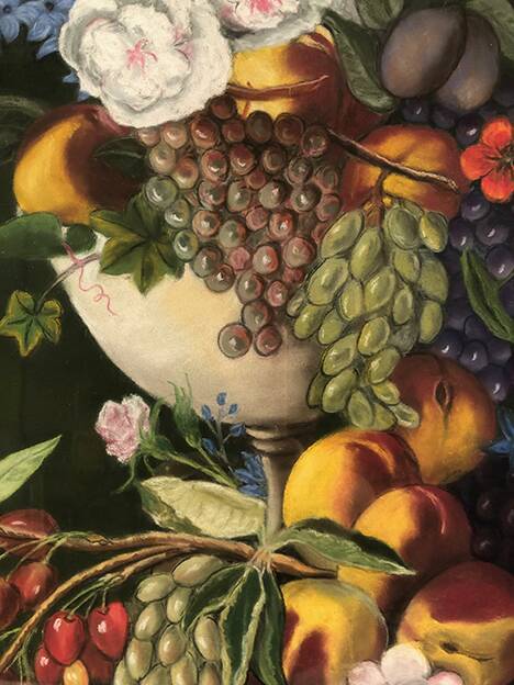 Large pastel signed Annie Faure, still life with flowers and fruits