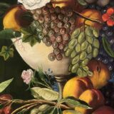 Large pastel signed Annie Faure, still life with flowers and fruits