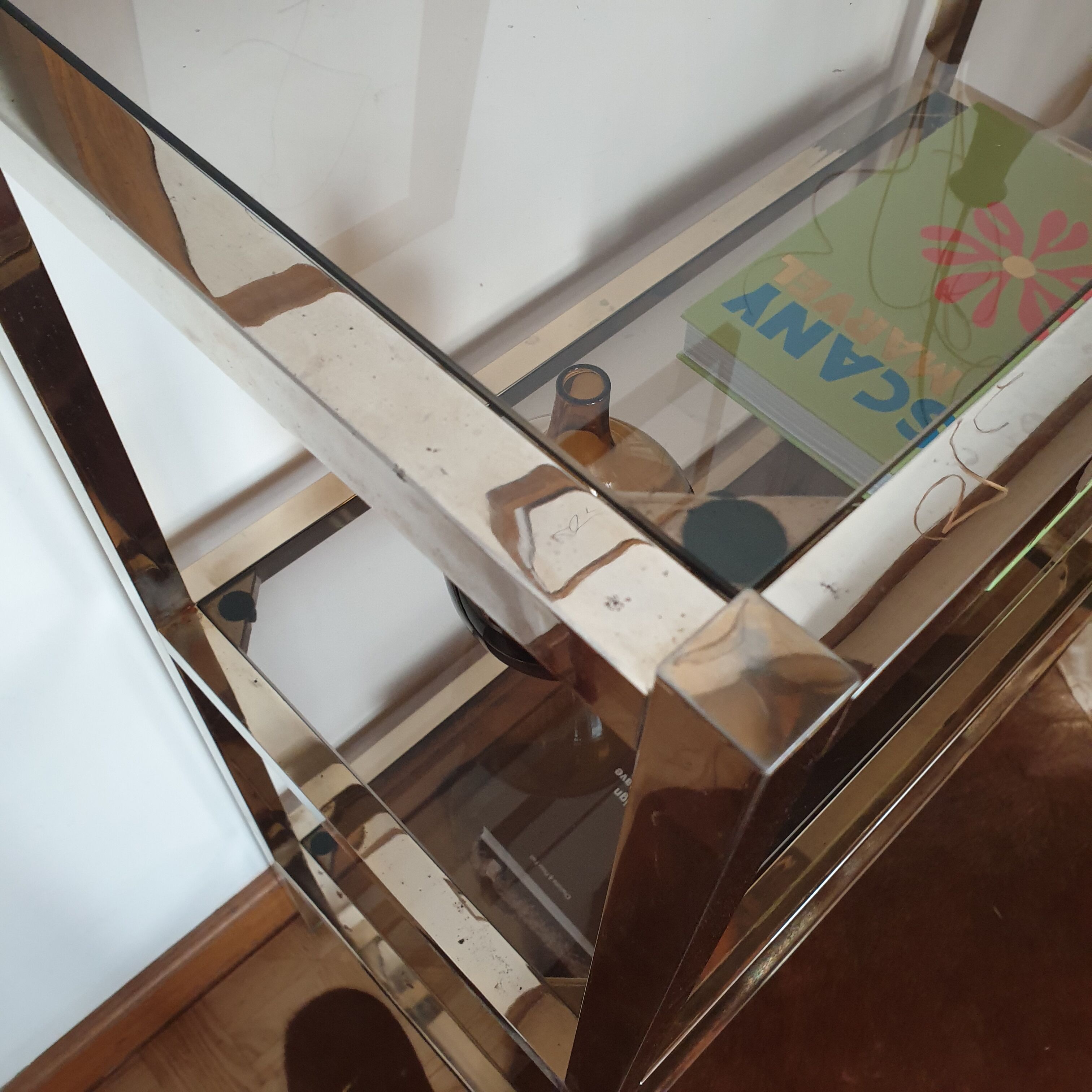 Bookcase furniture gilded and smoked glass vintage 70s Rochebobois