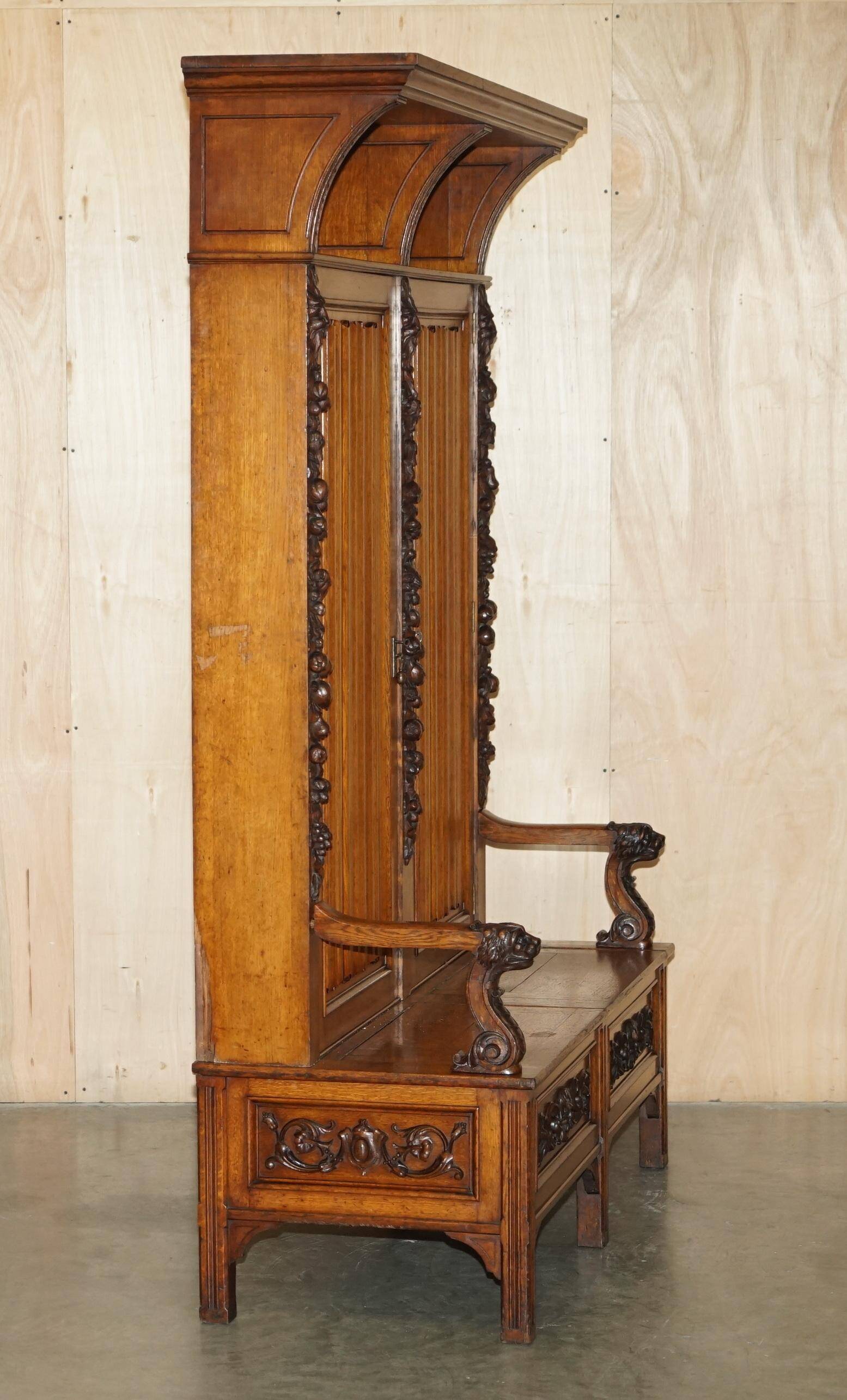 Victorian Antique Bacon Bench in Carved Walnut by Hampton & Sons