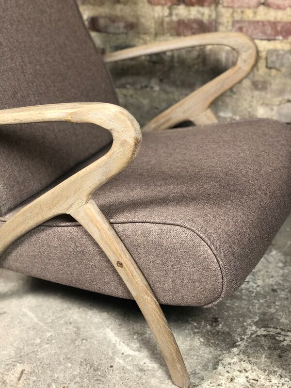 Fauteuils en chêne brut courbé et tissus chiné tissé beige et marron