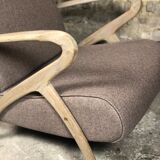 Chairs (pair) in curved rough oak and beige and brown woven mottled fabrics