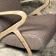 Chairs (pair) in curved rough oak and beige and brown woven mottled fabrics