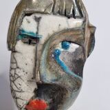 Signed raku ceramic mask on wooden base Contemporary sculpture 30 cm