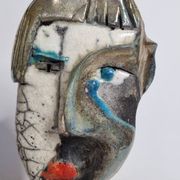 Signed raku ceramic mask on wooden base Contemporary sculpture 30 cm