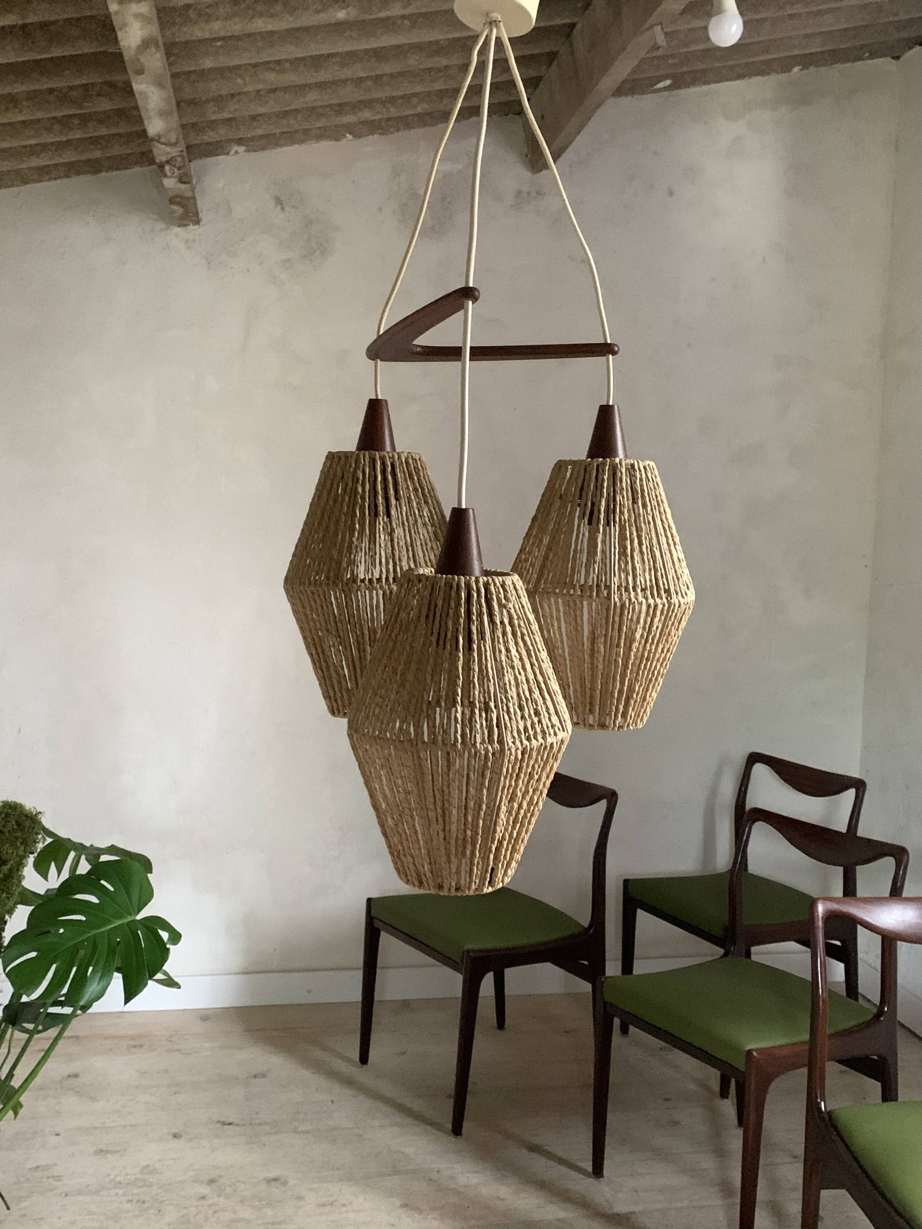 Vintage Scandinavian boomerang pendant light in teak and rope