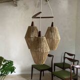 Vintage Scandinavian boomerang pendant light in teak and rope