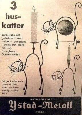 Black Painted Metal Cat Candle Holder, Snuffer & Original Label by Gunnar Ander for Ystad-Metall, Sweden, 1950s/60s
