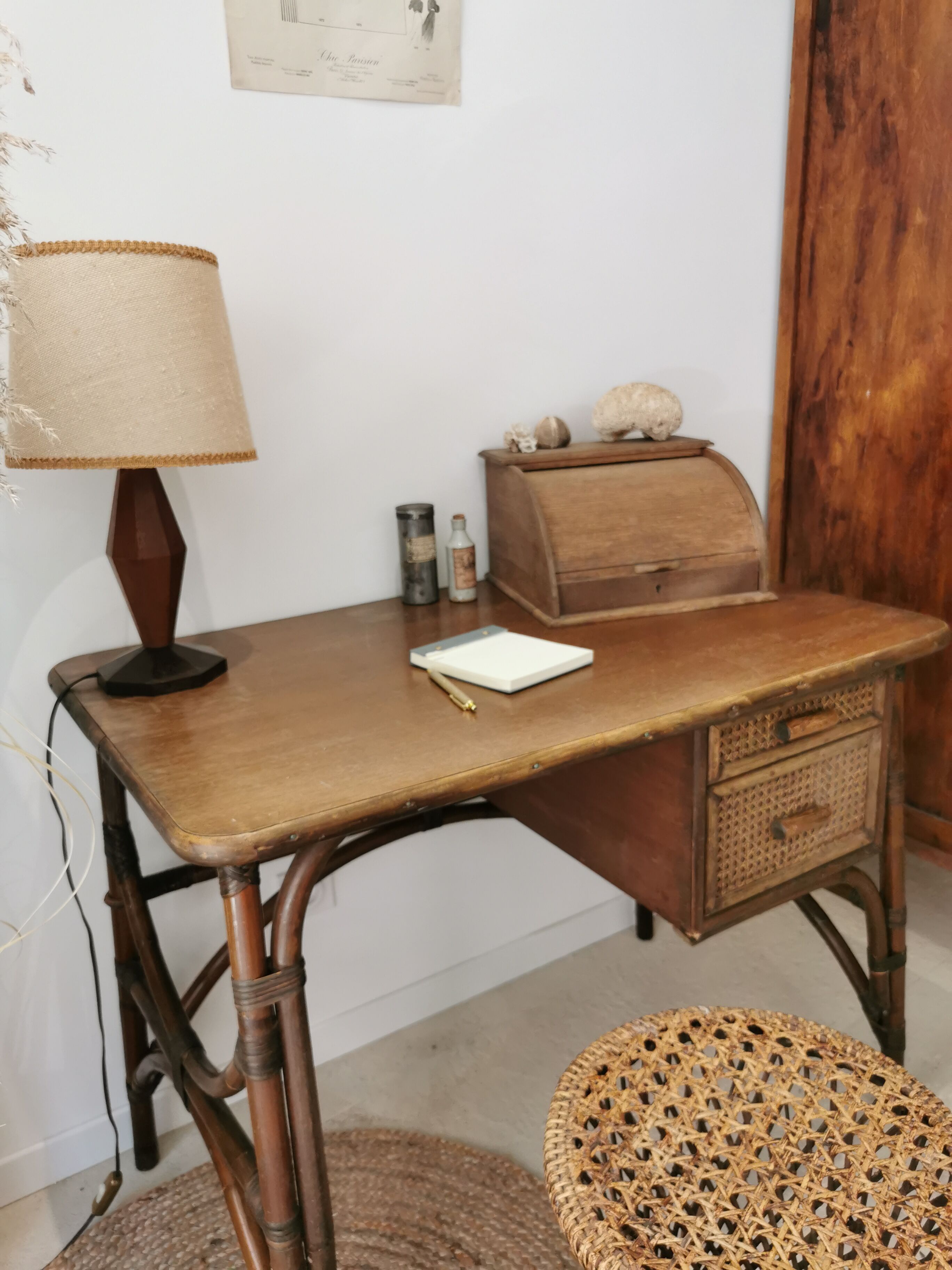 Rattan desk and vintage canning