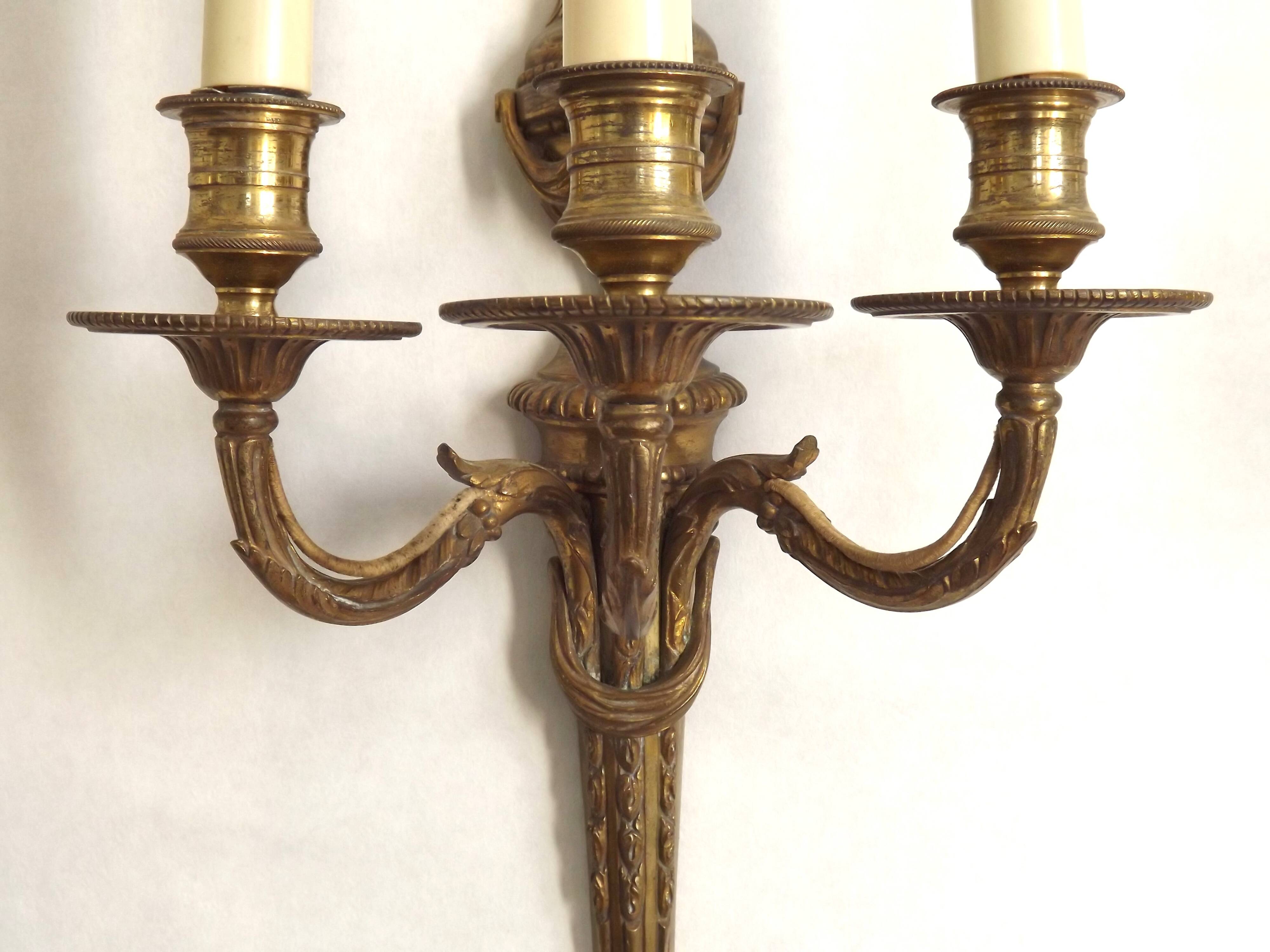 Magnificent Pair French Antique Bronze Triple Wall Lights Urn & Swag Detail