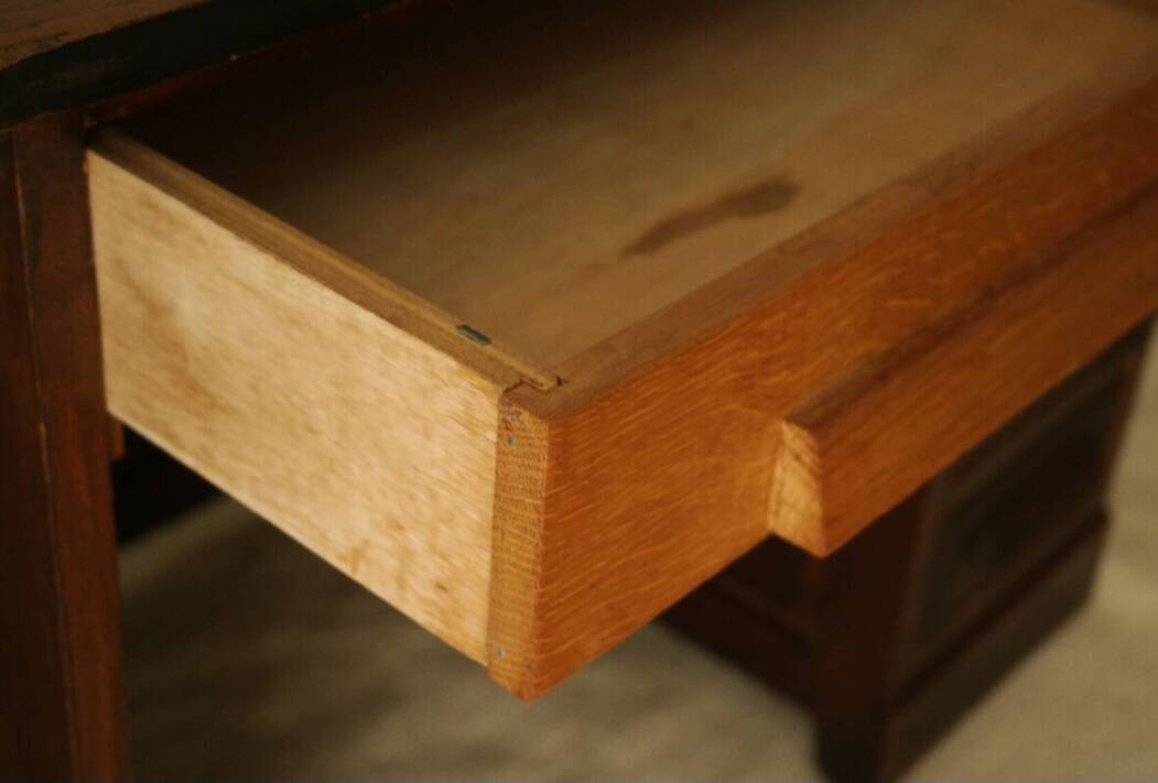 Vintage oak desk with its stool.