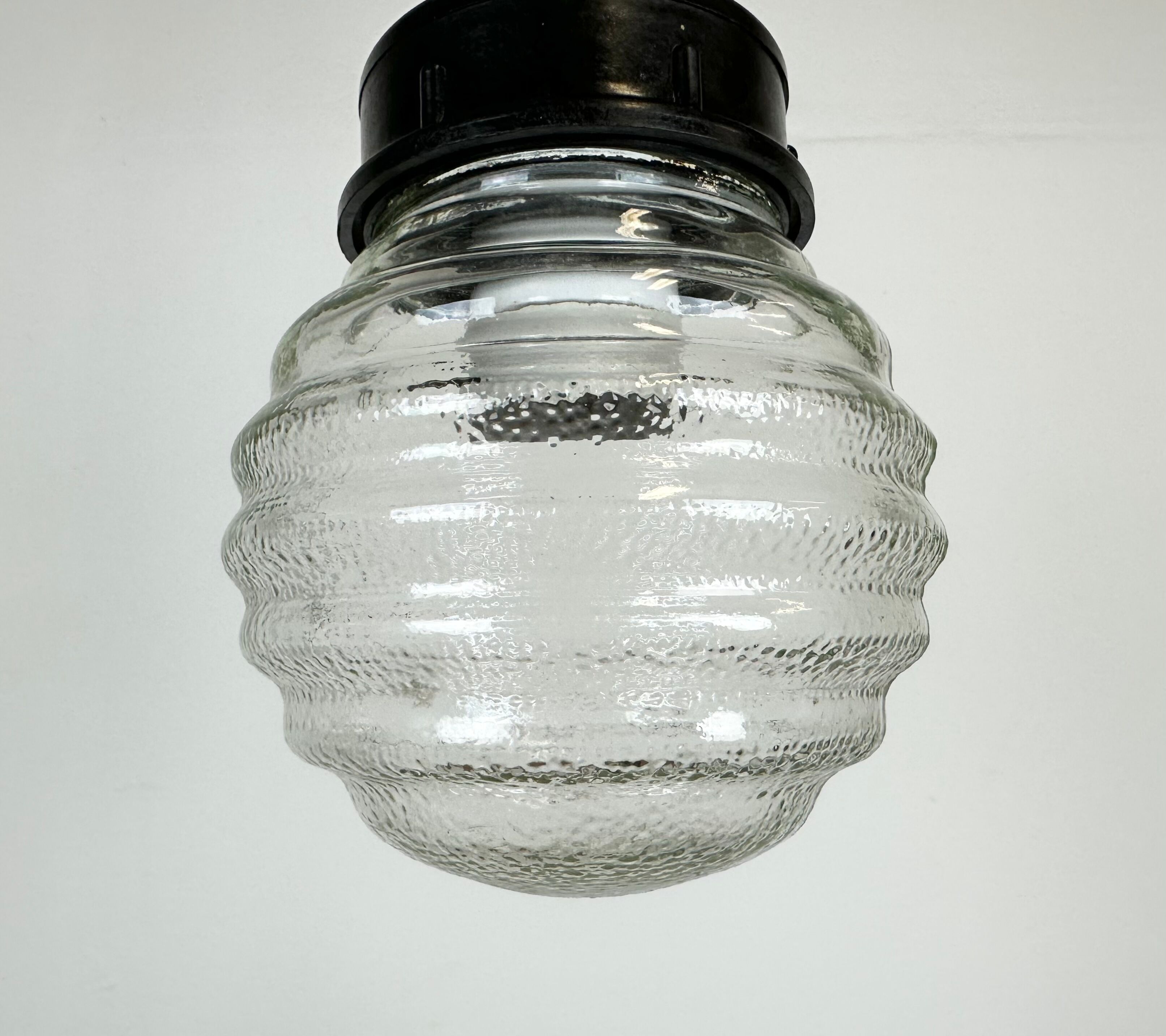Industrial Bakelite Pendant Light with Ribbed Glass, 1970s