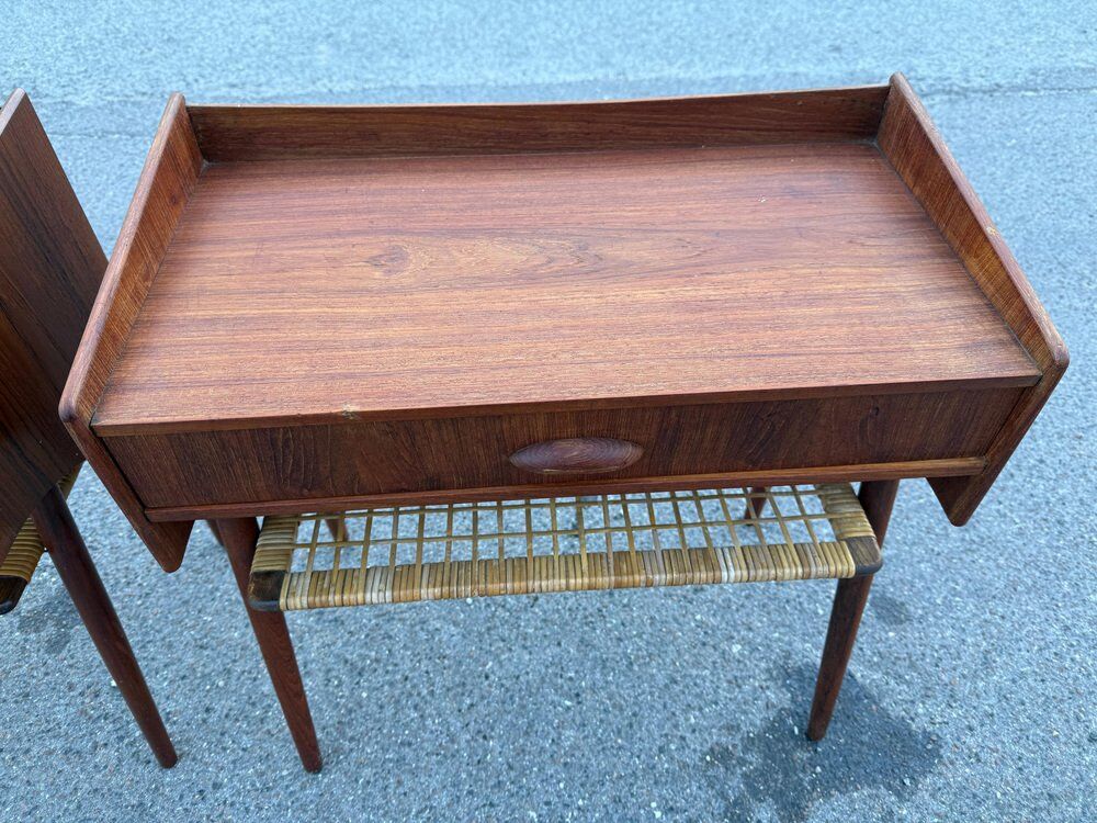 Modernist Danish teak bedside tables with rattan shelves, set of 2
