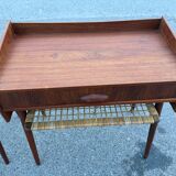 Modernist Danish teak bedside tables with rattan shelves, set of 2