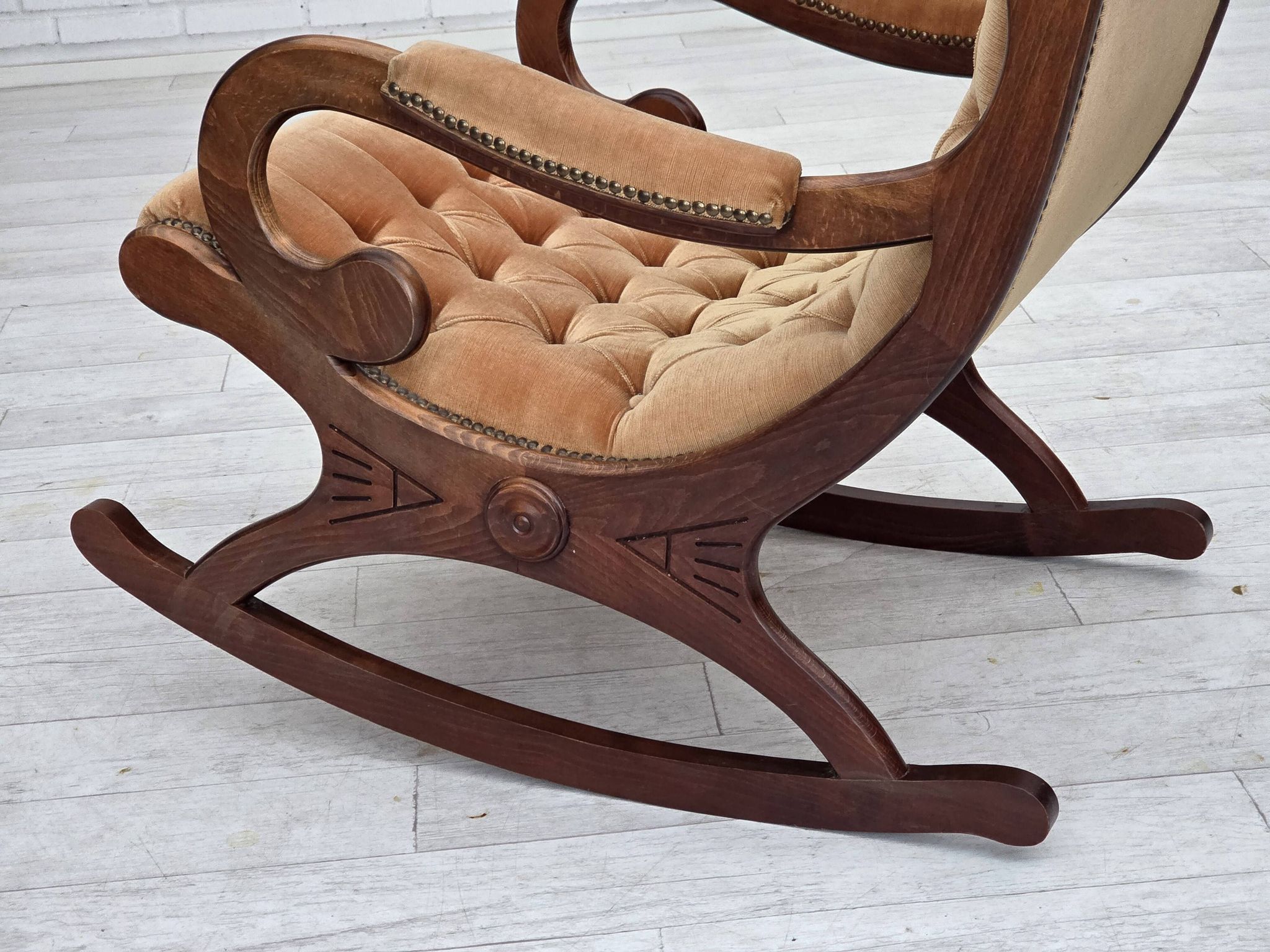 1960s, Scandinavian rocking chair, furniture velour, dark beech wood.