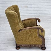 Fauteuil danois à dossier haut, années 1960, laine d'ameublement, bois de chêne massif.