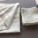 Old rectangular white-ecru tablecloth + its 12 matching towels