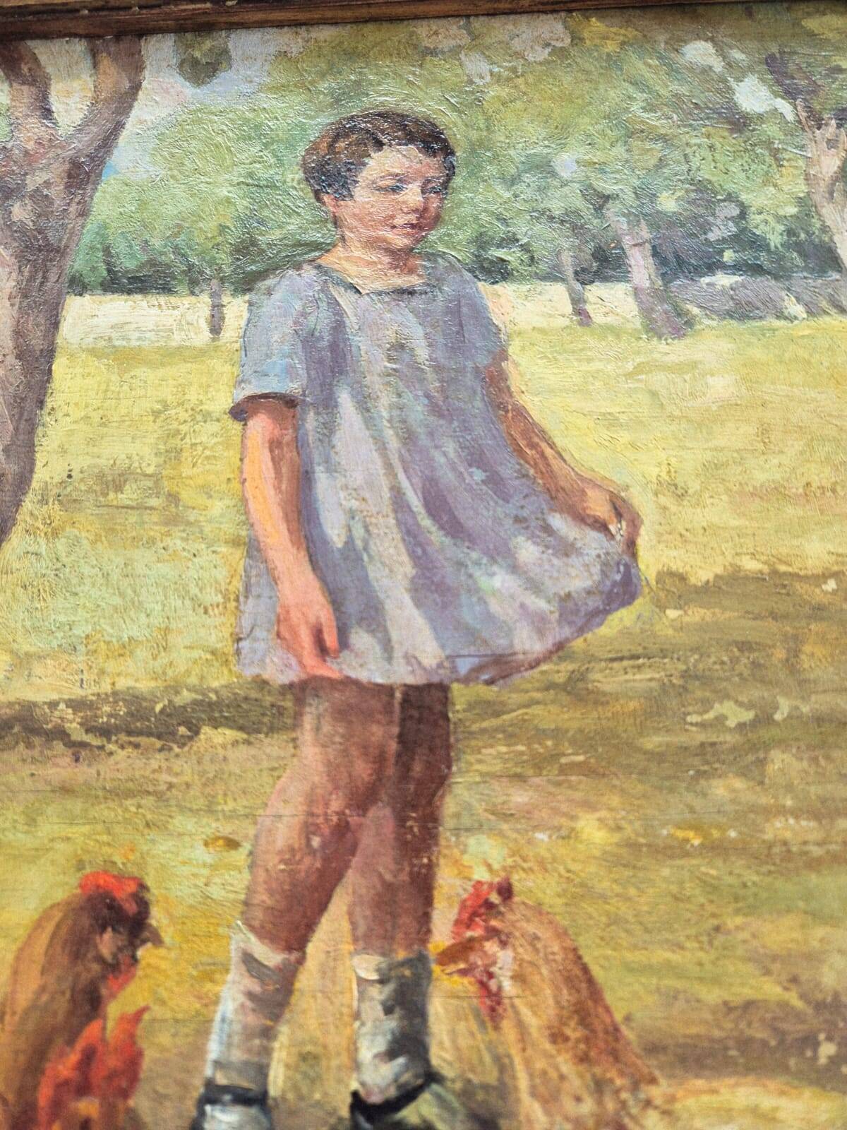 Oil Painting on Canvas "Children at the Farm" Signed Lo Presti - Gilded Frame