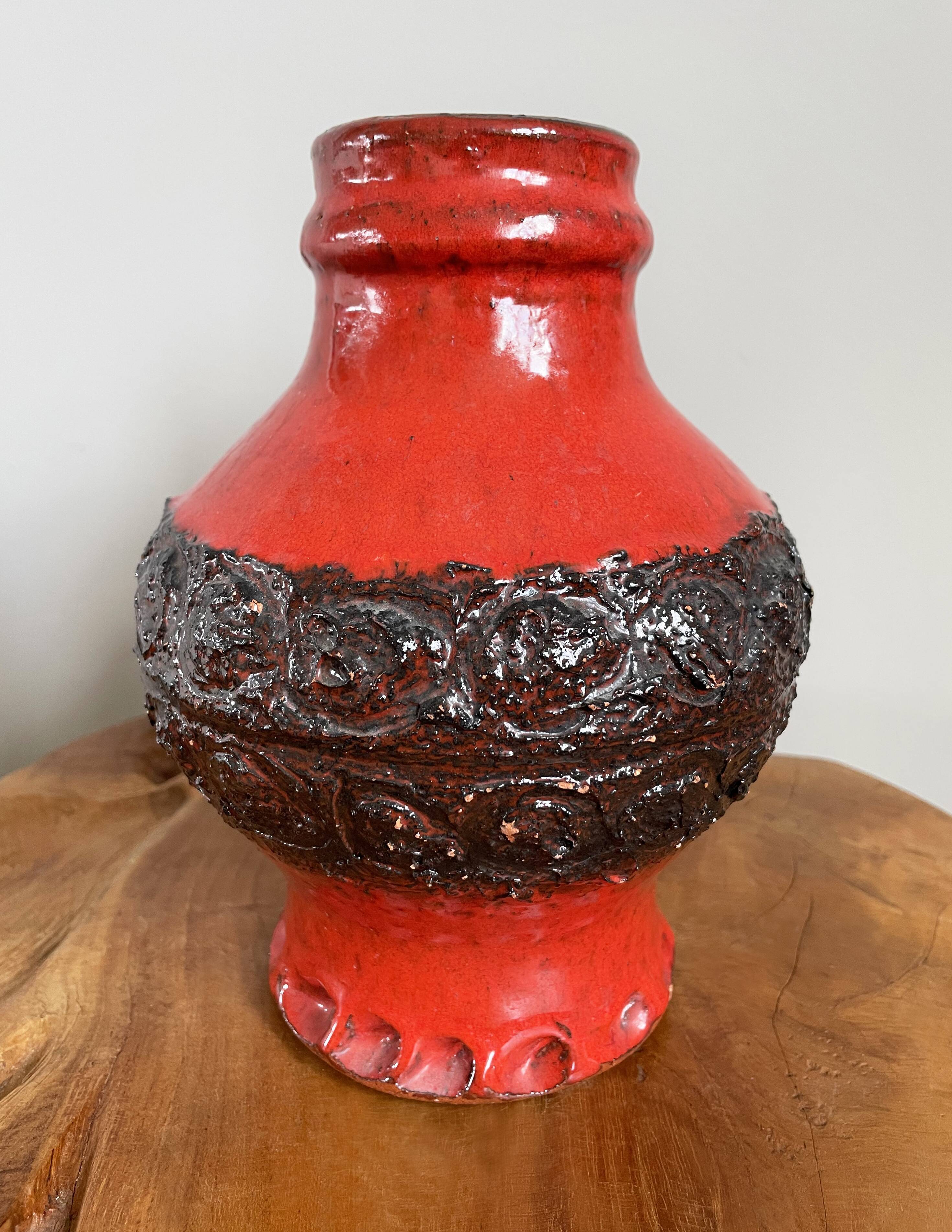 Bright Red and Black Ceramic Vase, Heavy Jug in Mid-Century Style, West German Pottery